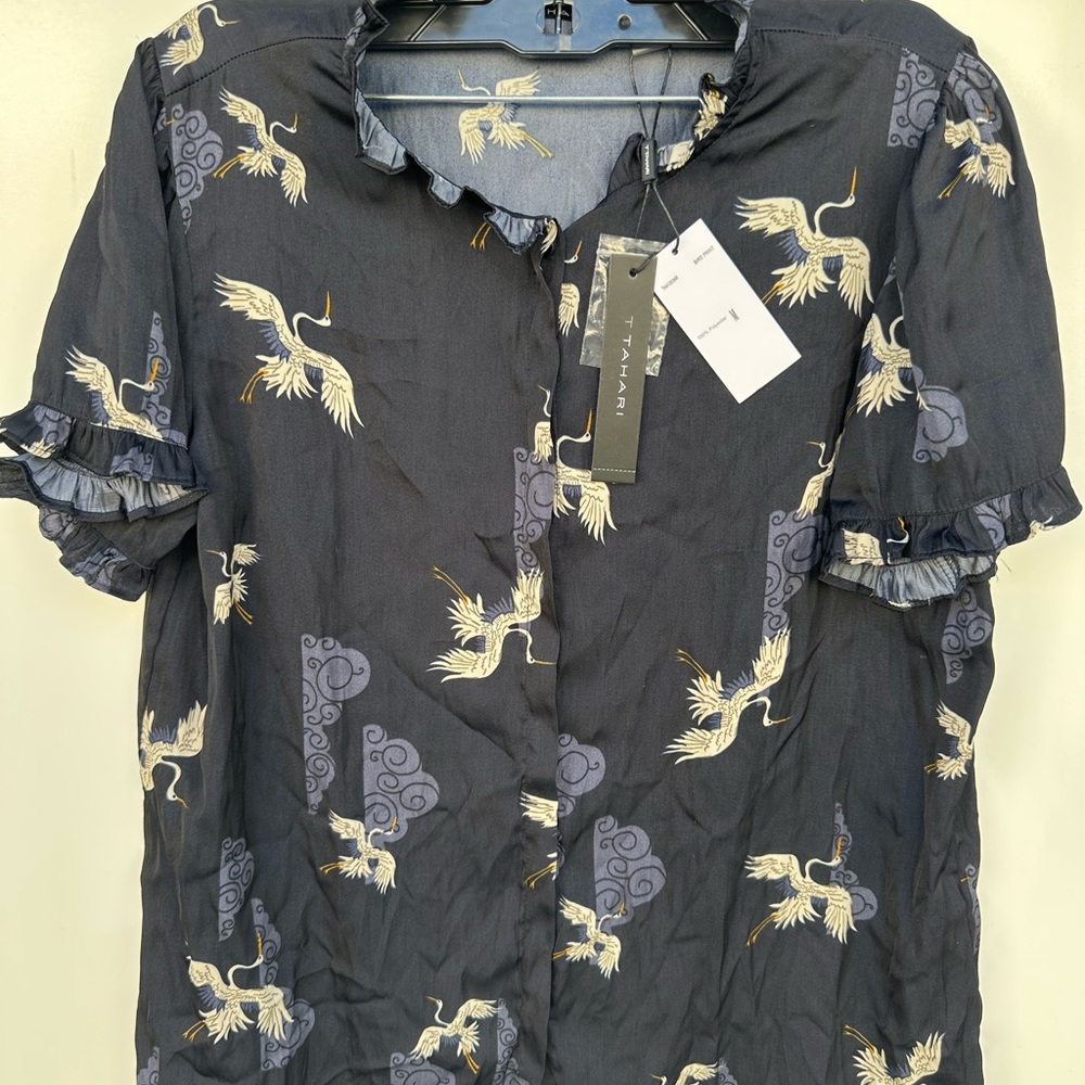 TAHARI Women's Black Crane Print Blouse